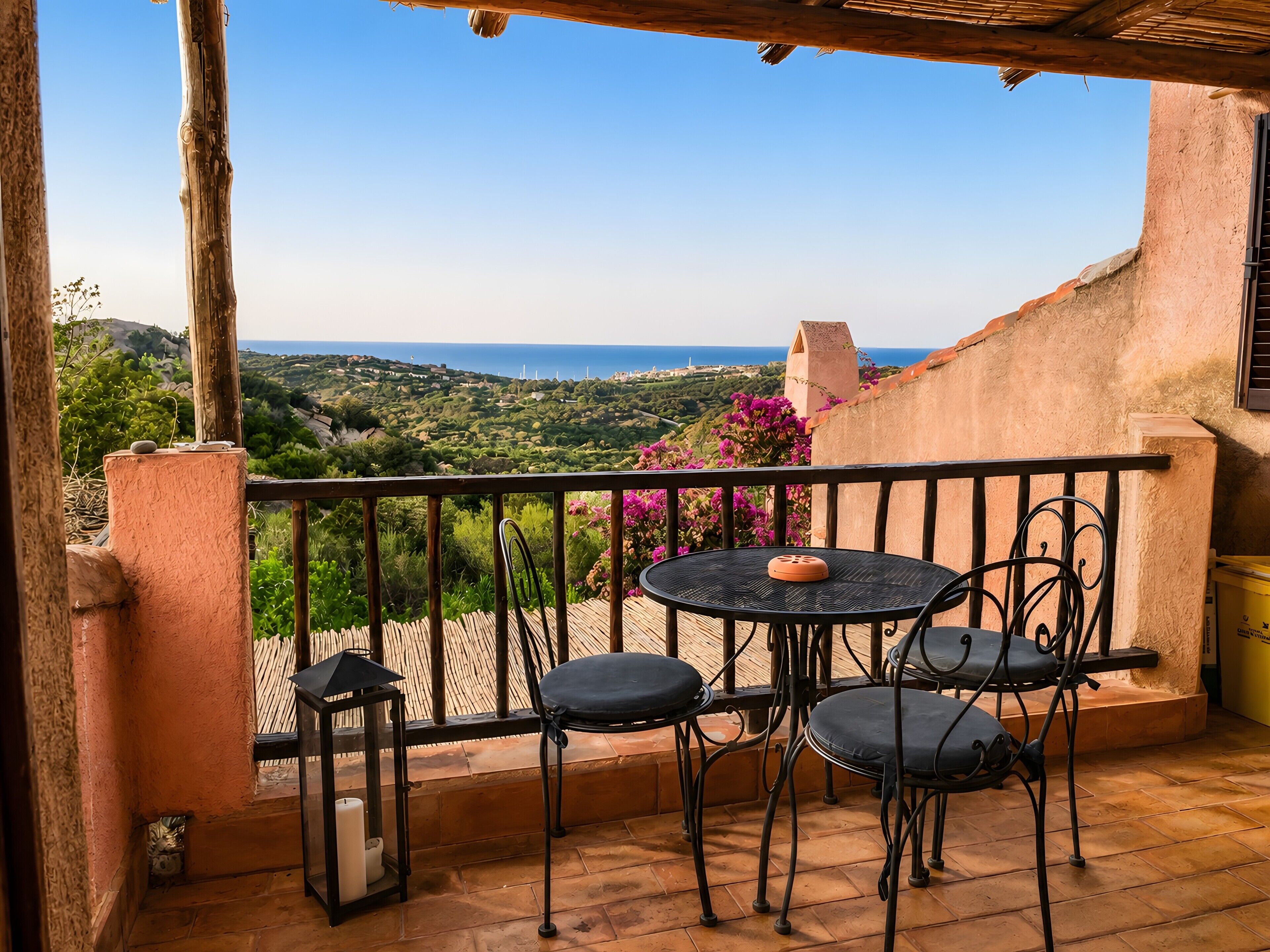 Ein Balkon mit Tisch und Stühlen, mit Blick auf eine malerische Landschaft aus Hügeln und dem Meer.