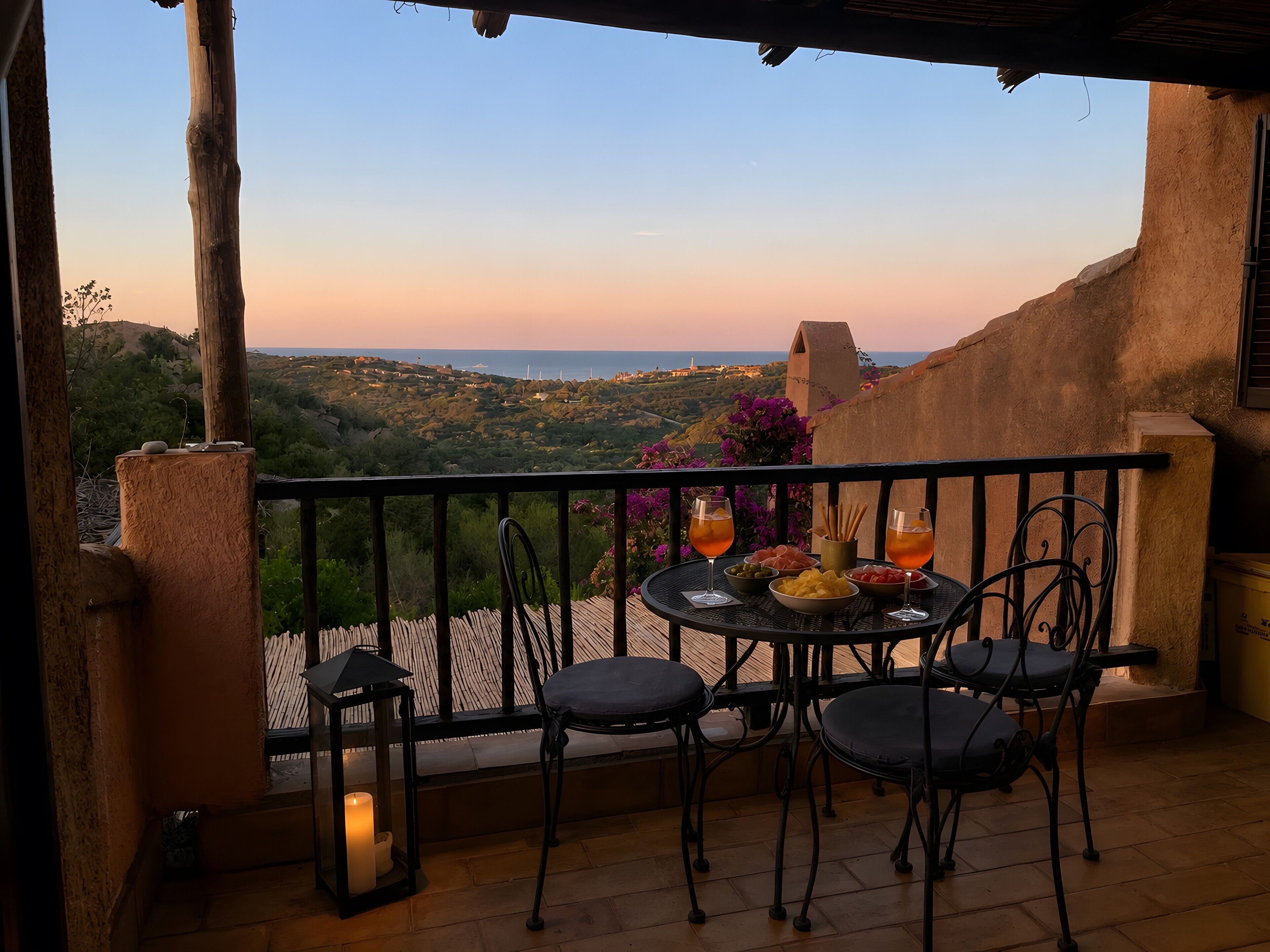 A balcony with a table set for two, overlooking a scenic landscape.