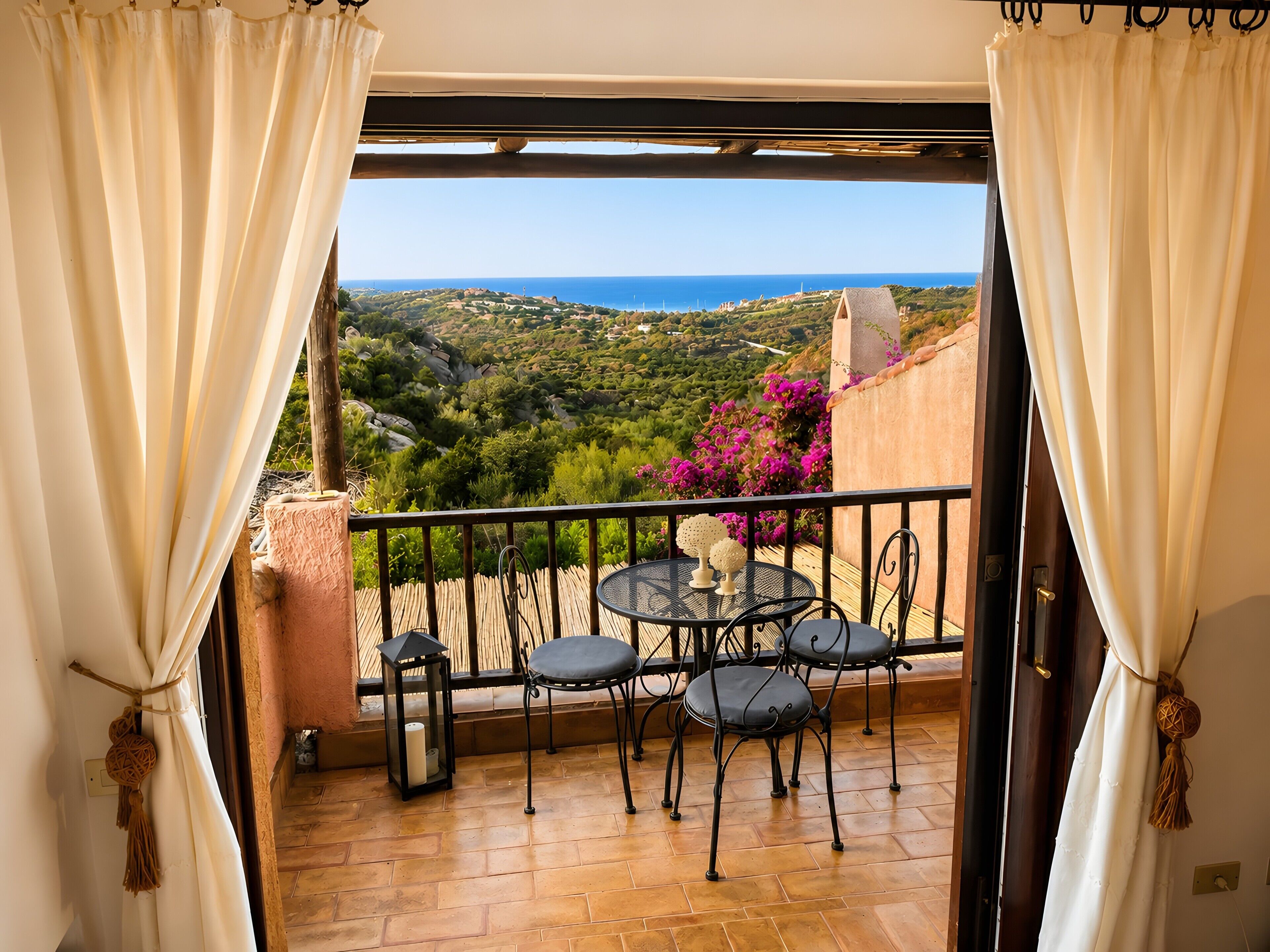 Un balcone con tavolo e sedie, vista sul mare e paesaggio montuoso.