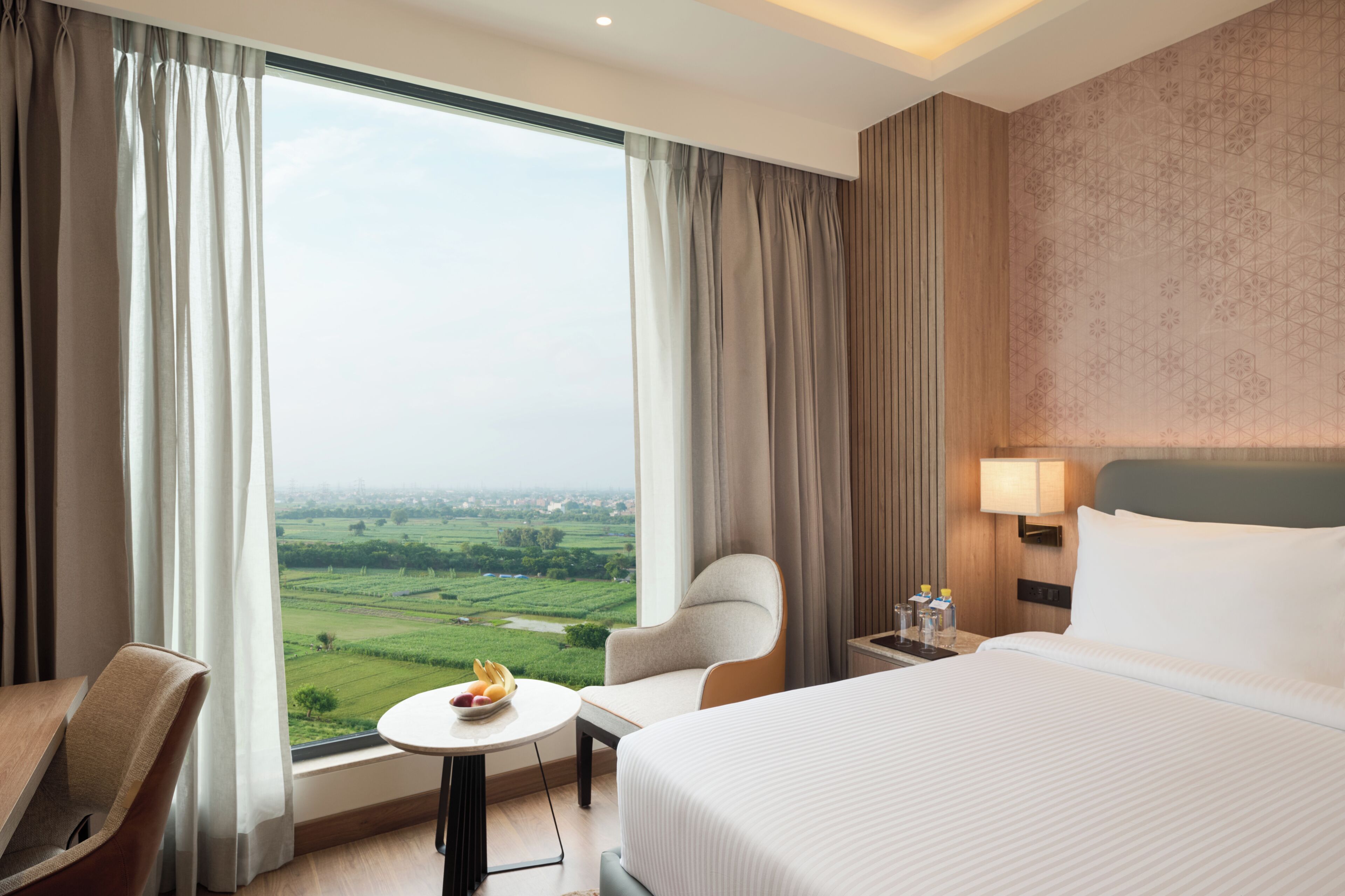 A hotel room with a large bed, a chair, a small table with fruit, and a view of a green landscape through the window.