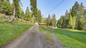 A gravel road leading to a cabin in a forested area. - Creative Escape! Eagle's Nest Hideaway (Cottage Grove)