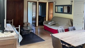 Een ruime kamer met een houten plafond, een eettafel met stoelen, een bank en een televisie.