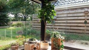 Ein Wintergarten mit Glaswand, Holzboden und Blumentöpfen.
