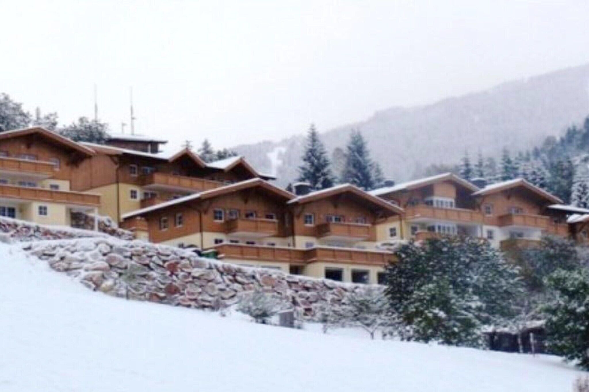 Eine Reihe von Chalets mit einer Steinsichtmauer im Vordergrund.