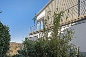 A modern building with a balcony, surrounded by bamboo plants.
