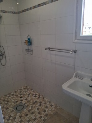 Shower, towels, soap, toilet paper
