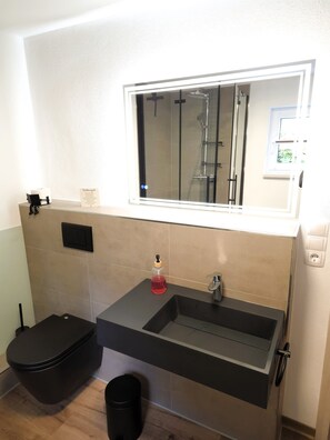 Douche, serviettes fournies, savon, papier toilette