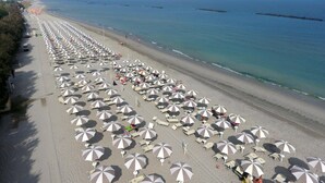 Ein Strand mit Reihen von Sonnenschirmen und Liegestühlen.