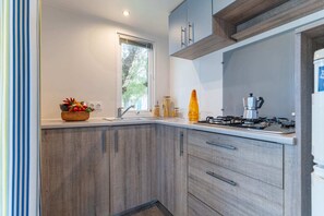 Fridge, microwave, stovetop, coffee/tea maker