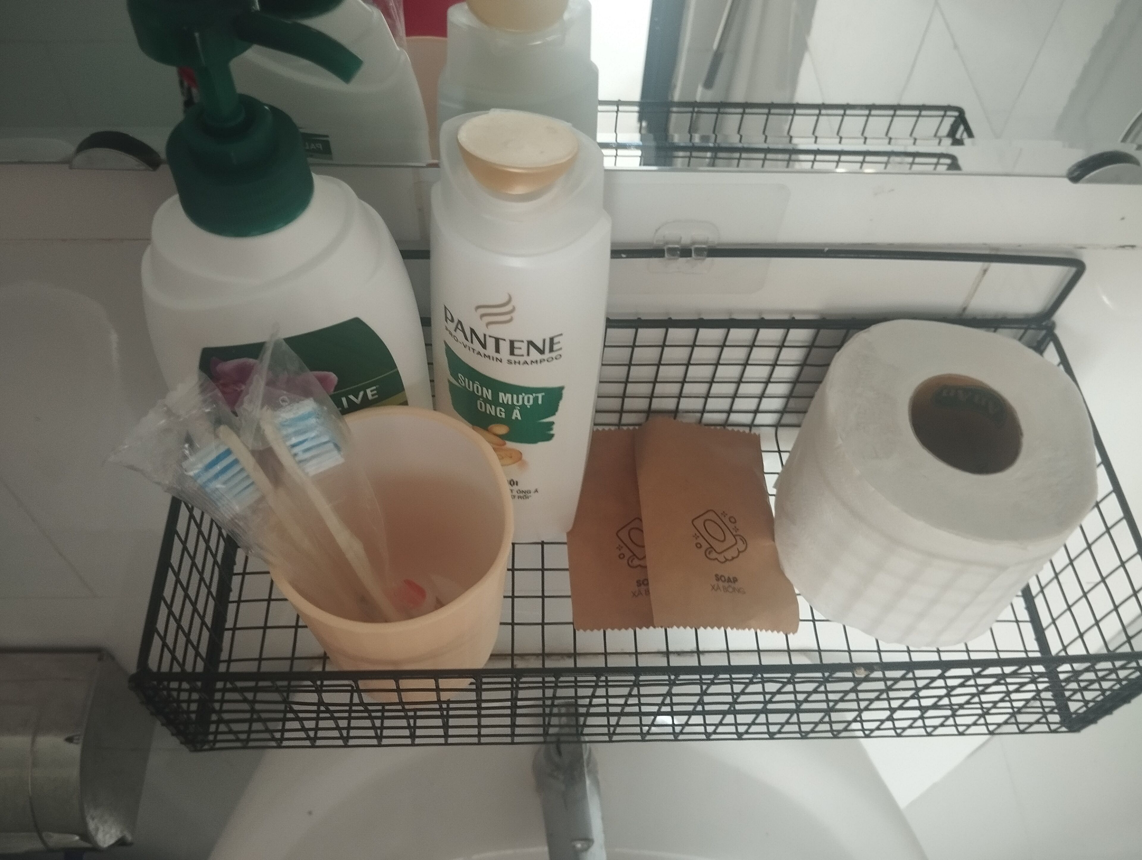 Hair dryer, towels, soap, toilet paper