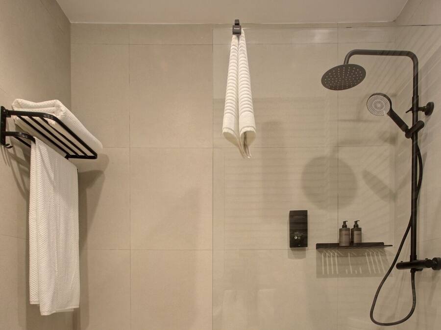 Une salle de bain moderne avec une douche à parois de verre, un porte-serviettes et une étagère contenant des articles de toilette.