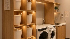 A modern laundry room with built-in wooden shelving, a washing machine, and a sink. - Sevendays Hotel (My Hanh)