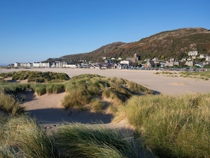Une ville côtière avec des bâtiments, une plage et des dunes.