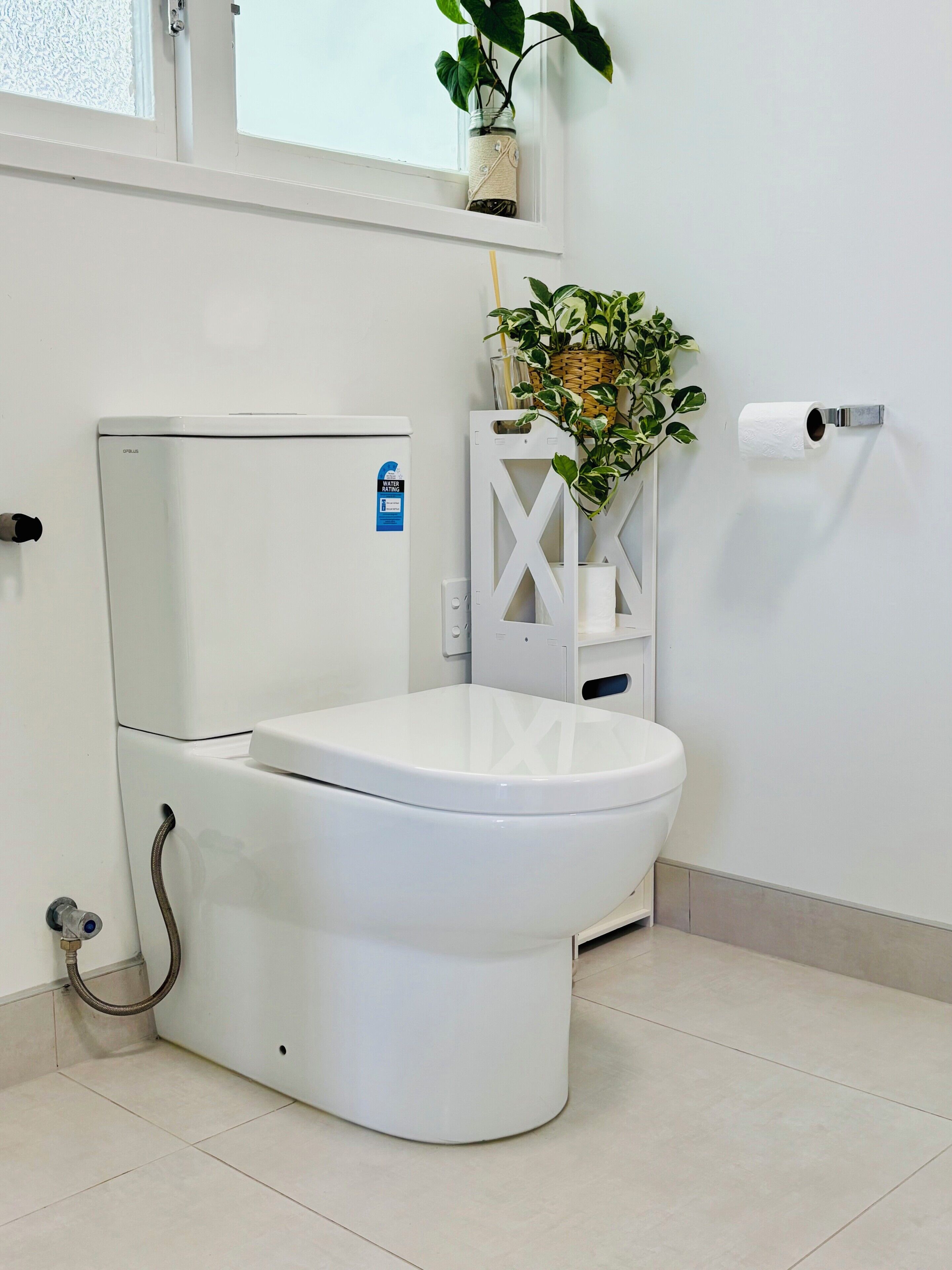 A modern bathroom with a white toilet, a water-saving label, a toilet paper holder, and a potted plant on the wall.