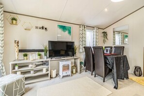 Una sala de estar con televisor, asientos, chimenea y plantas decorativas.