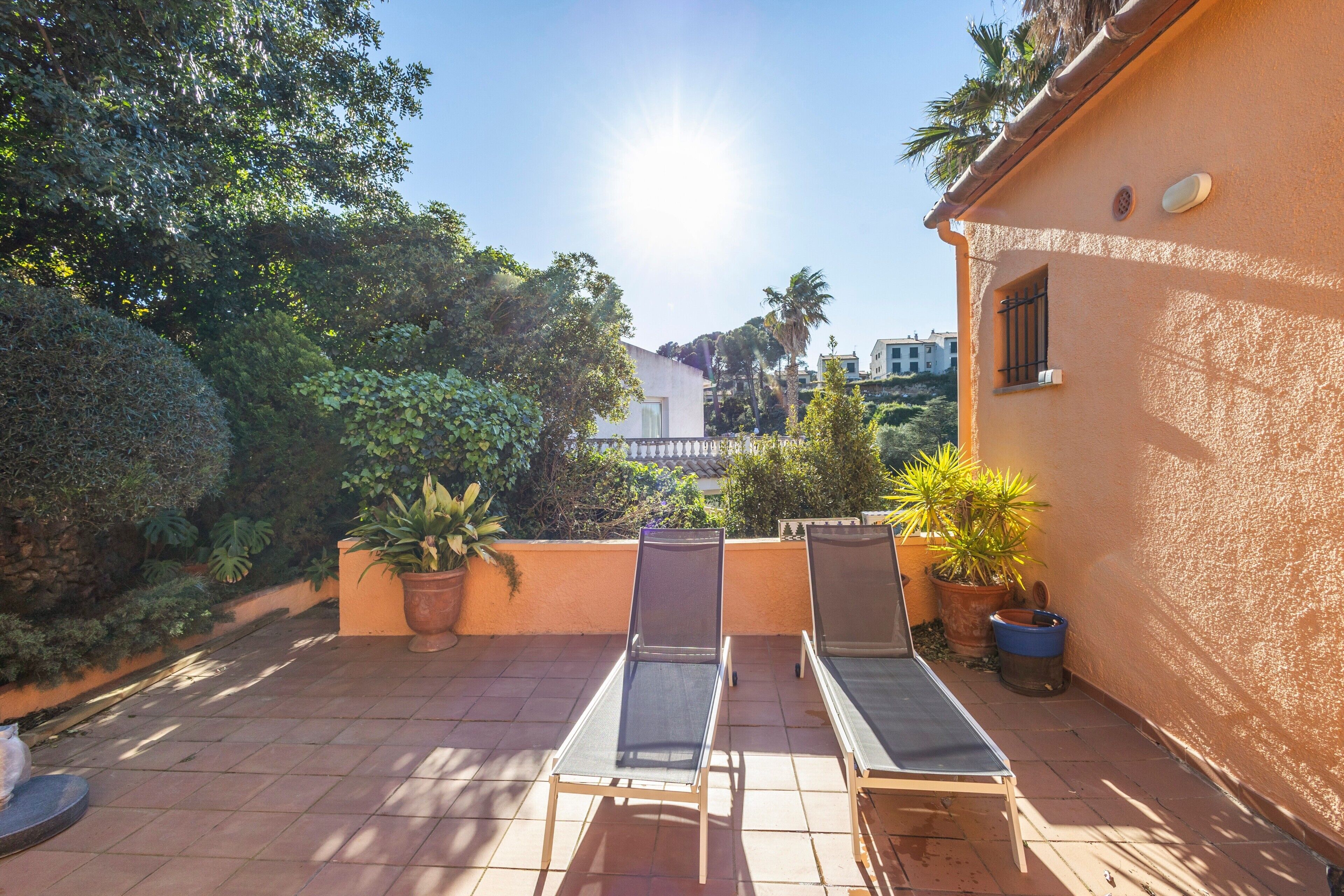 A patio with two sun loungers, potted plants, and a view of a hillside.