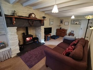 A cozy living room with a fireplace, a sofa, a television, and a lamp. - Charming Noddfa in Penmachno (Betws-y-Coed)