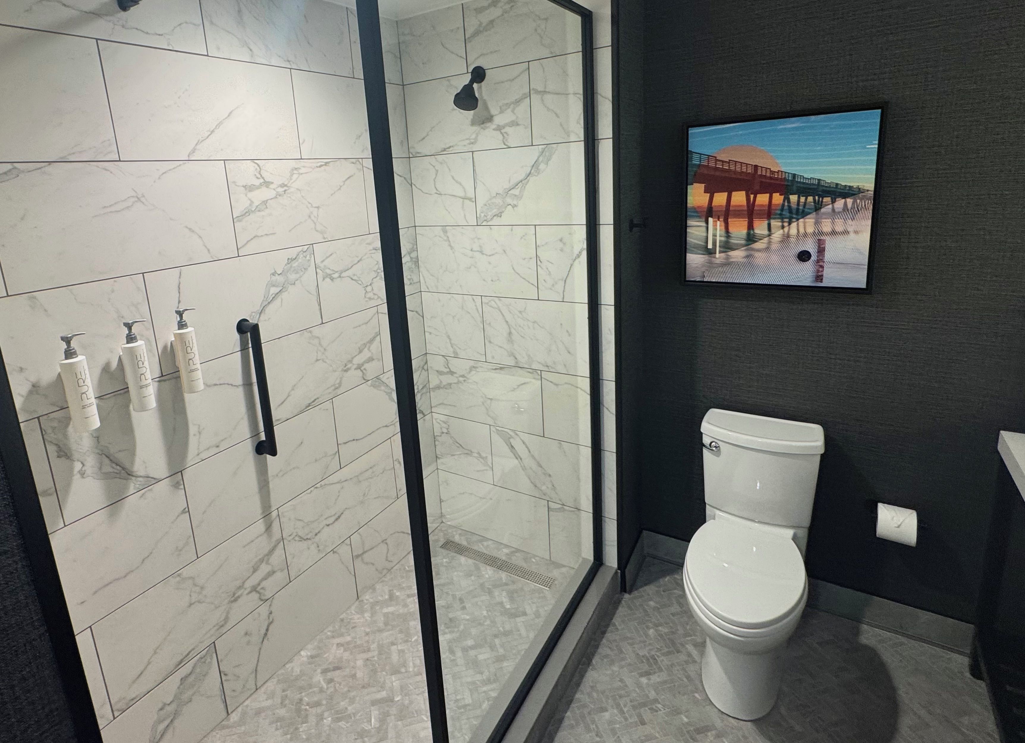 A modern bathroom with a glass-enclosed shower, a toilet, and a framed picture on the wall.