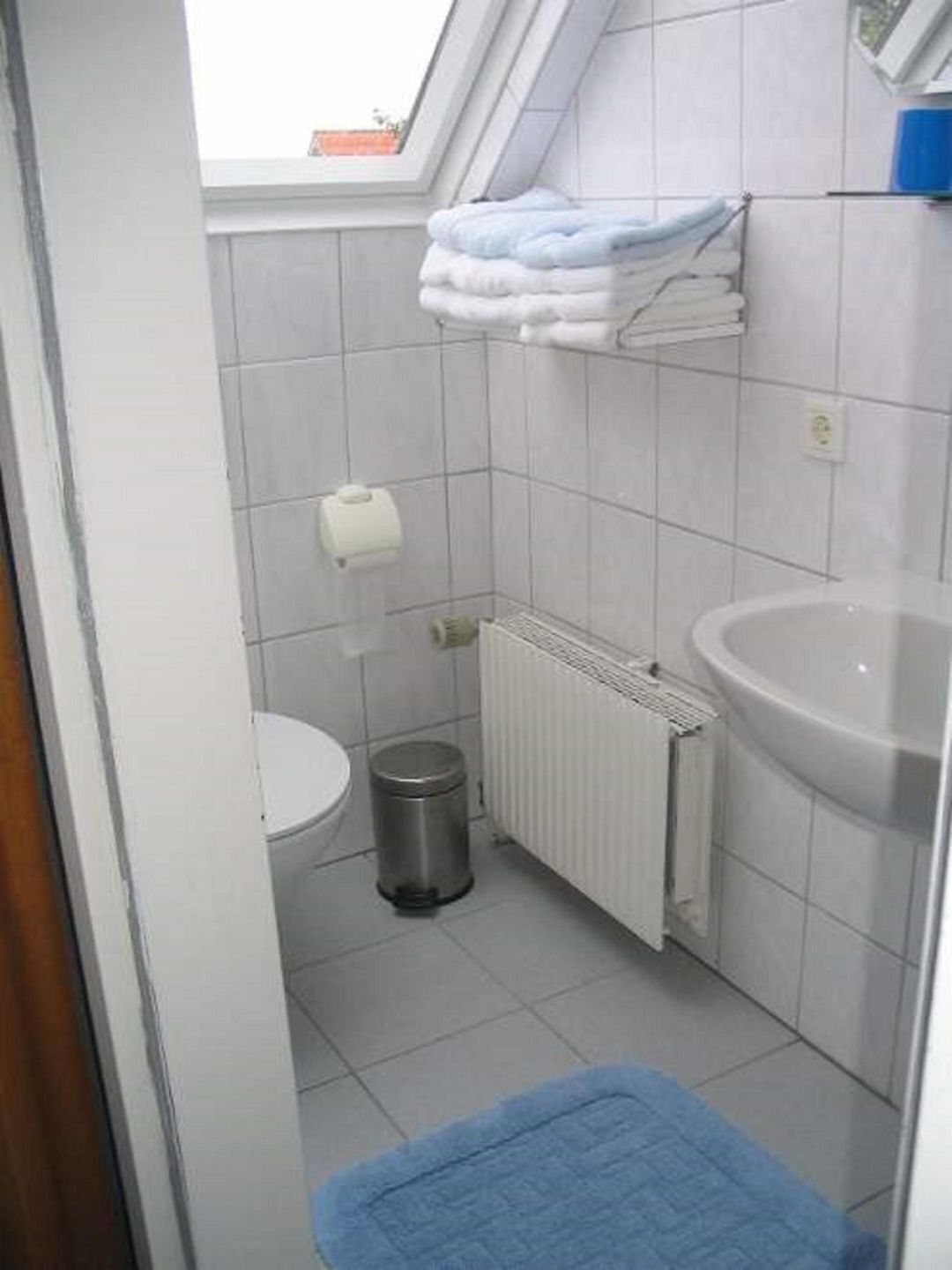 Um banheiro pequeno com vaso sanitário, pia, radiador e um tapete azul no chão.
