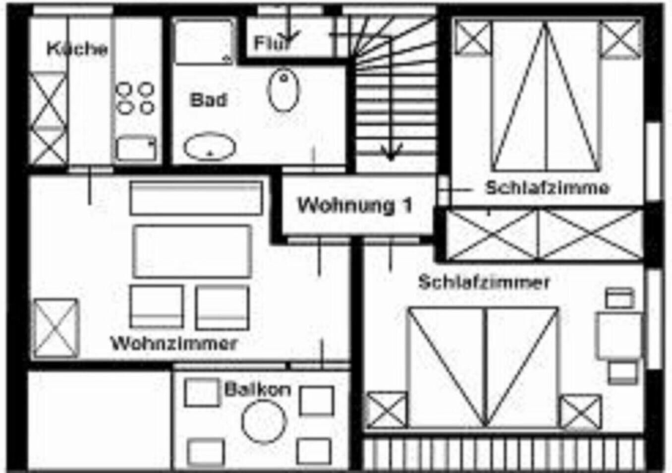A hotel layout with a living room, balcony, kitchen, bathroom, and two bedrooms.