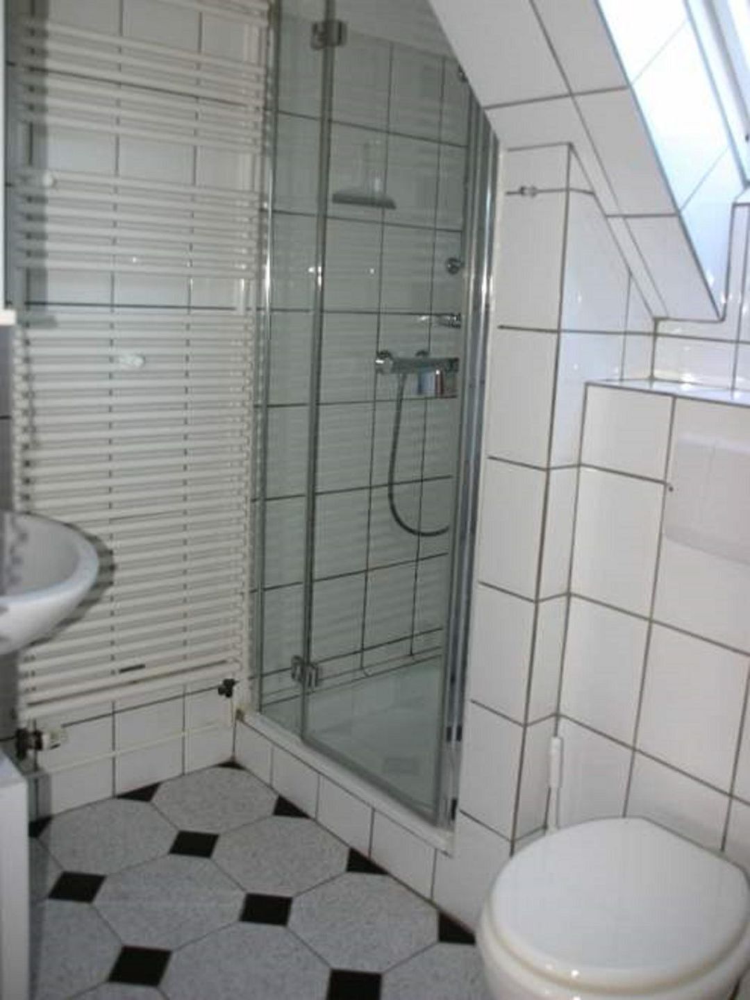 Une salle de bain avec douche, toilettes et lavabo.