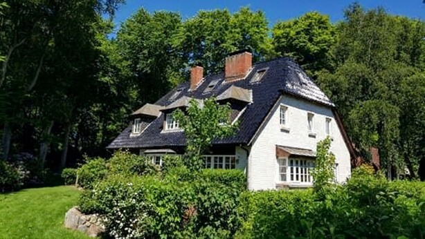 Et tosidet hus med tagkviste, omgivet af frodig vegetation.