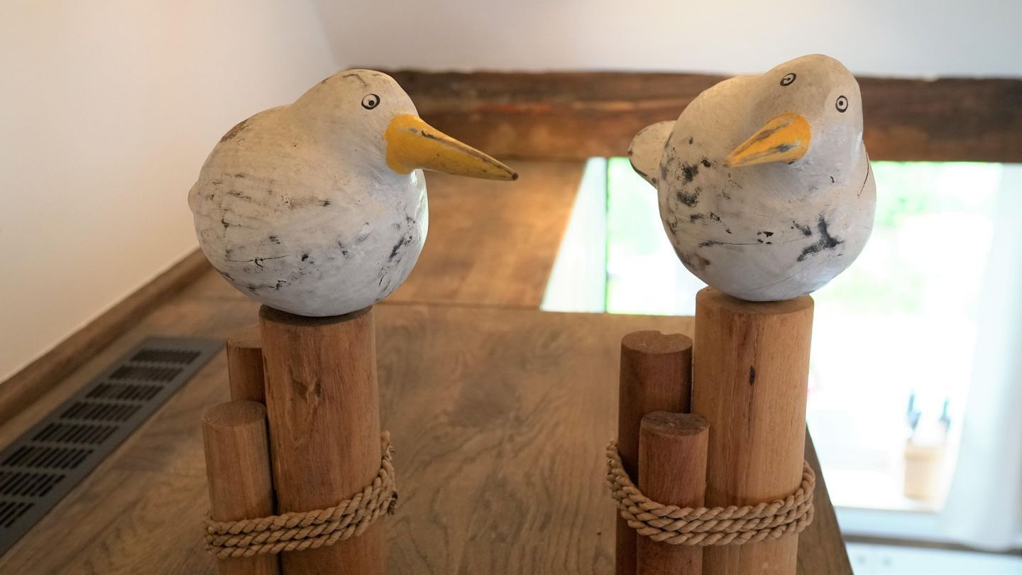 Twee vogelbeeldjes op houten palen met touw.