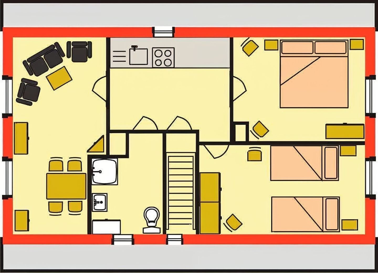 Distribución de un hotel con cocina, comedor, dos dormitorios, un baño y un pasillo.