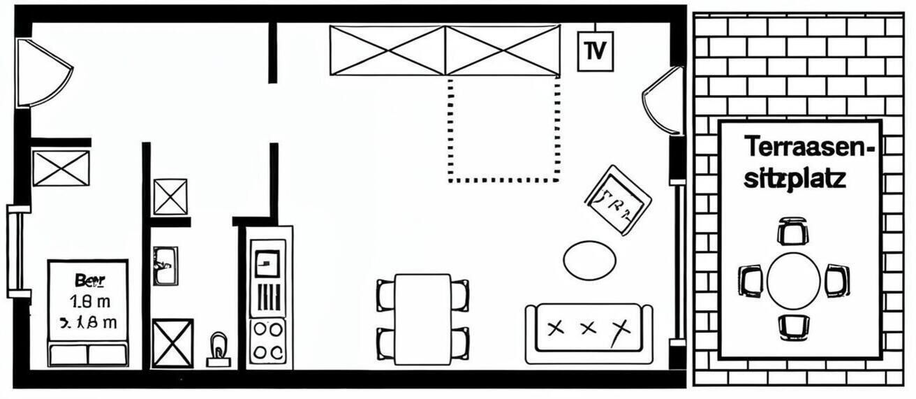 A hotel room layout with a TV, minibar, minibar fridge, and a seating area with a table and chairs.