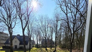 Une vue d’un quartier résidentiel avec des maisons, des arbres et une pelouse verdoyante.