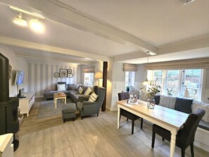 TV, fireplace, DVD player, stereo - WattGut - WattGut vacation home in Oevenum: sauna, wood-burning stove & garden for 6 guests (Oevenum)