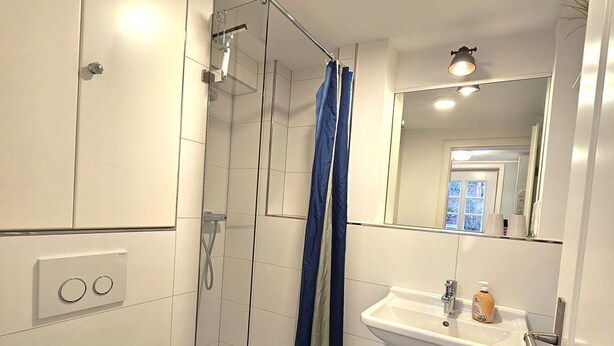 Un baño con ducha, inodoro, lavabo y espejo.