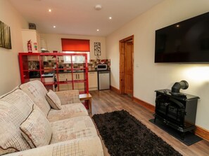A living room with a sofa, a black rug, a TV, and a wood-burning stove. - Stable Cottage, Otterburn. TV. (Newcastle upon Tyne)