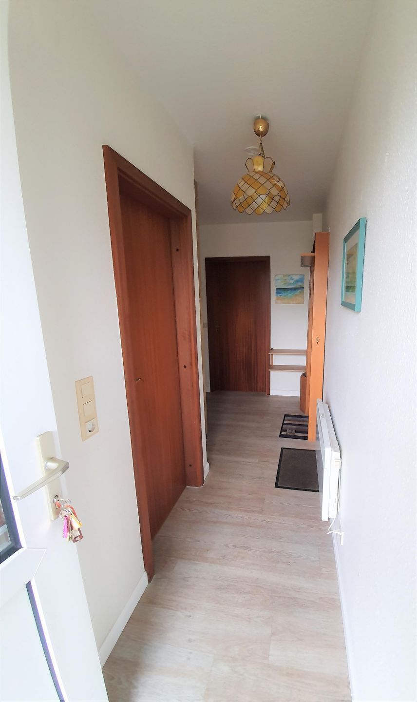 Ein Korridor mit Holztüren, einer Leuchte, einem Gemälde und einem gerahmten Bild an der Wand.