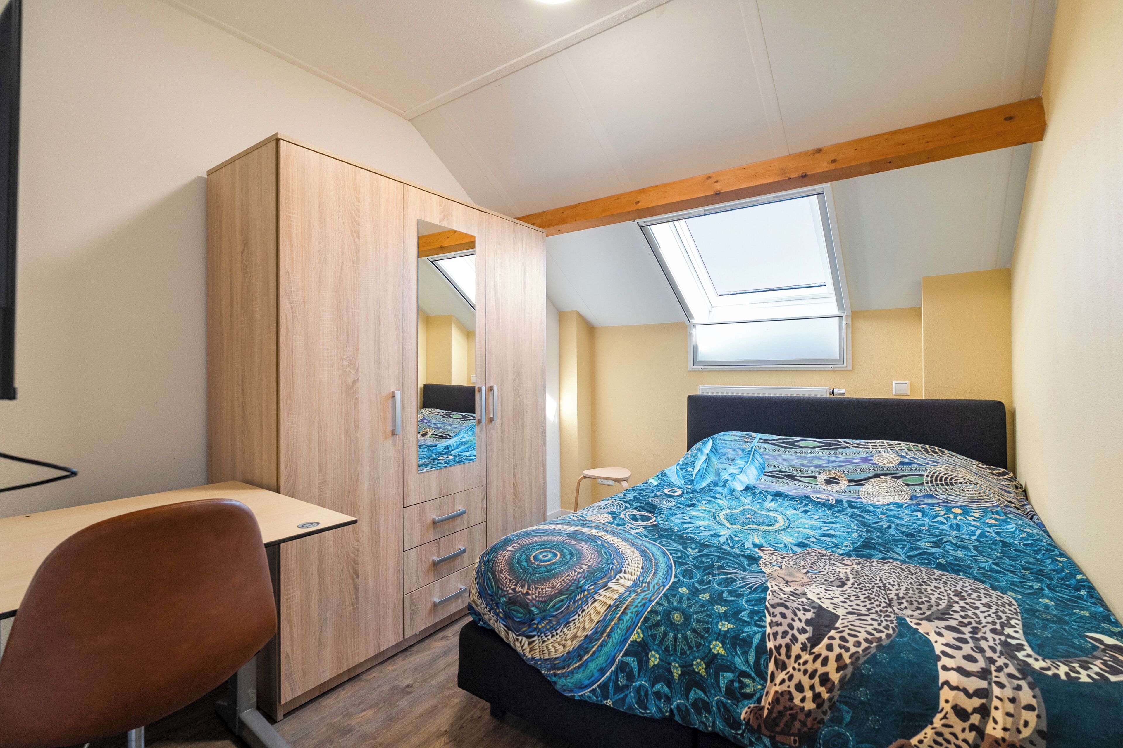 A bedroom with a bed, a desk, a chair, a wardrobe, and a skylight.