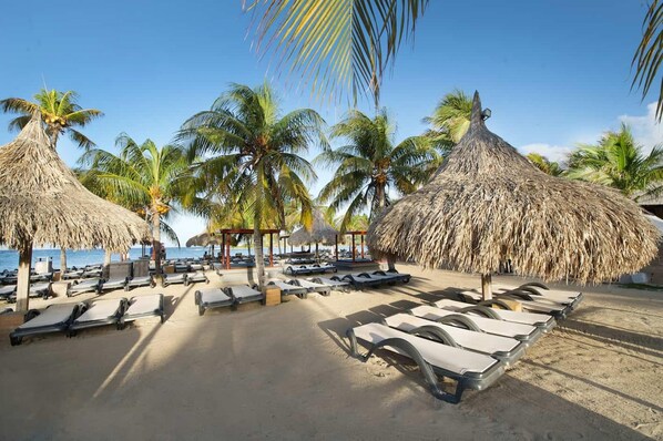 A beach with thatched umbrellas, palm trees, and sun loungers. - peaceful Garden Villa - Private Pool (Jan Thiel)