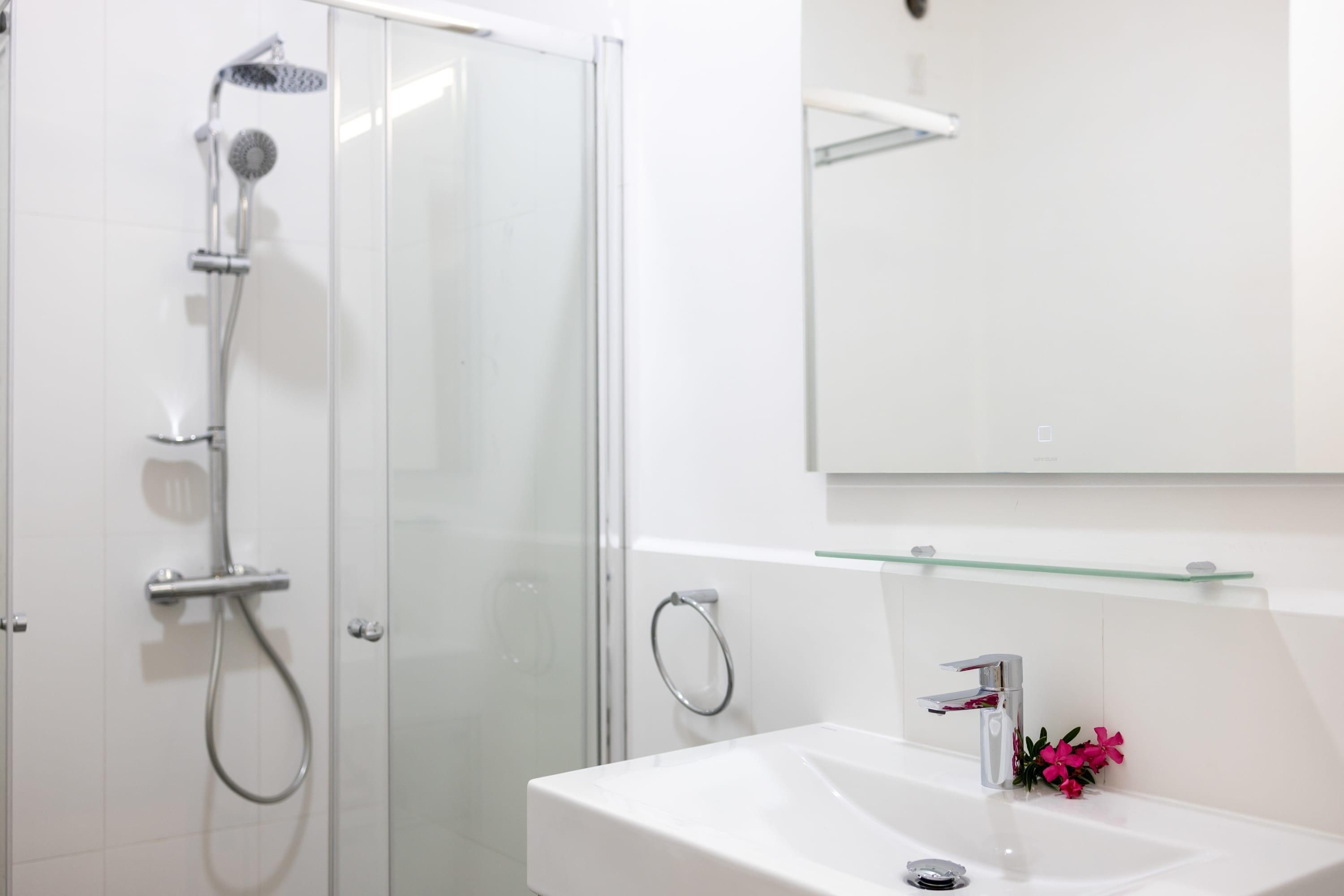 A modern bathroom with a glass shower enclosure, a white sink with a single faucet, and a mirror above the sink.