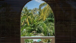 Vista a través de una ventana con un marco decorativo, mostrando exuberante vegetación tropical y un cielo azul despejado.