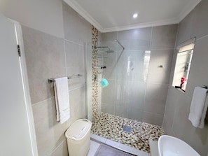 Hair dryer, towels, soap, toilet paper