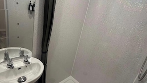 A modern bathroom with a shower, a sink, and a mirror.