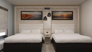 A modern hotel room with two beds, a nightstand, a wall-mounted shelf, and two paintings. - La Quinta Inn and Suites by Wyndham Torrance Redondo Beach (Inglewood)
