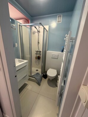 Shower, hair dryer, soap, shampoo