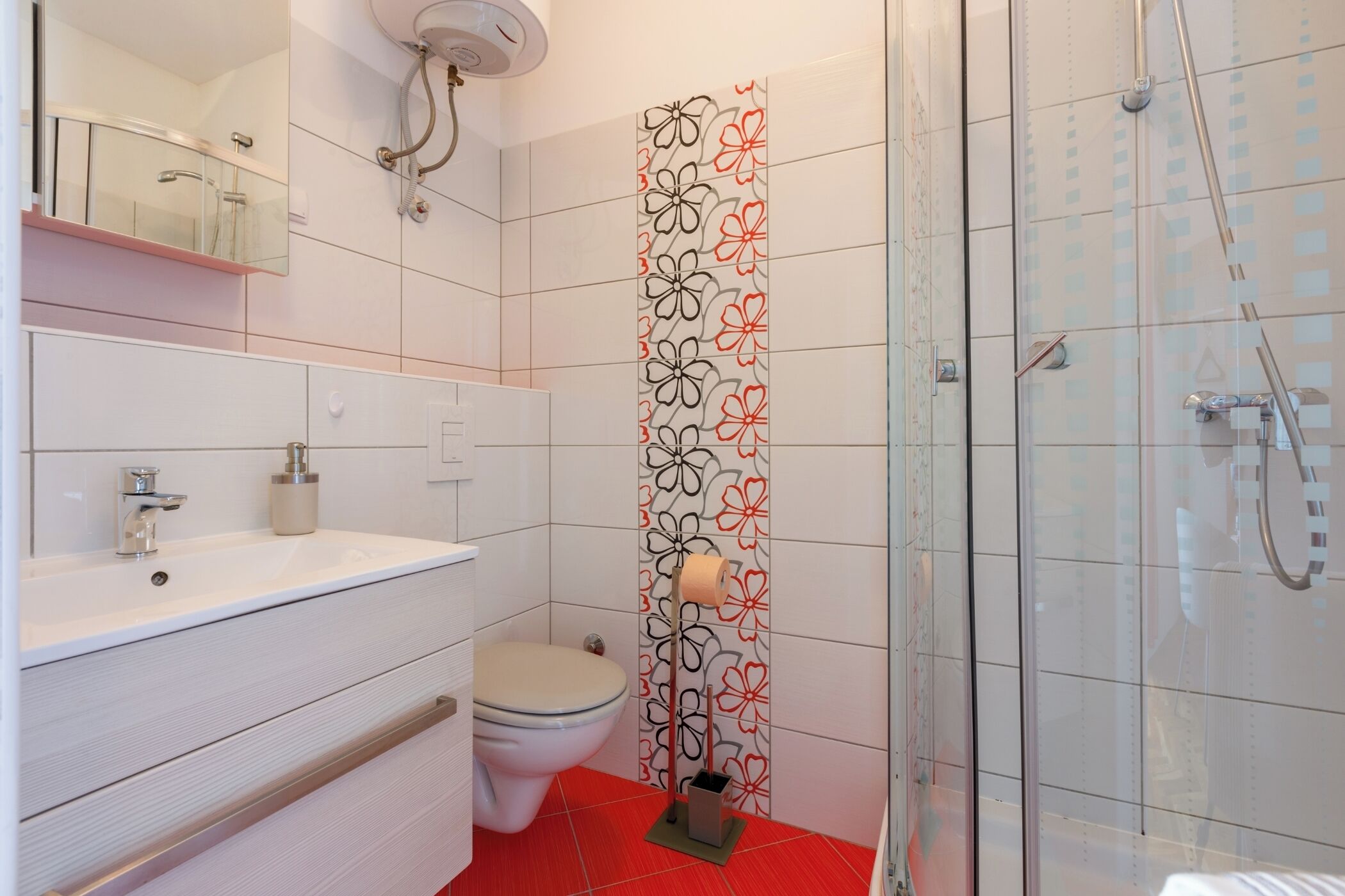 Shower, towels, soap, toilet paper
