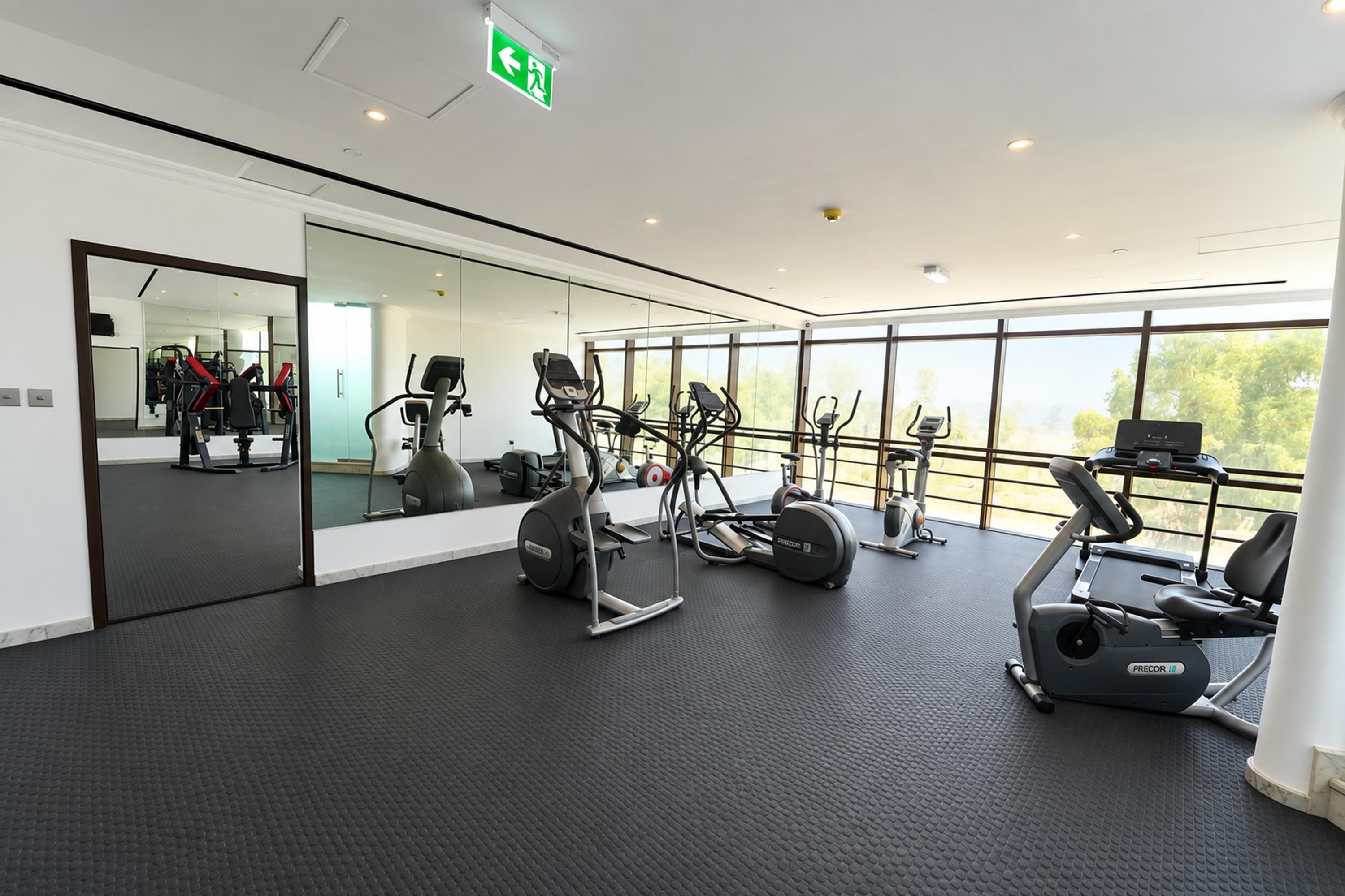 Une salle de sport équipée de machines de cardio, de miroirs et de grandes fenêtres.