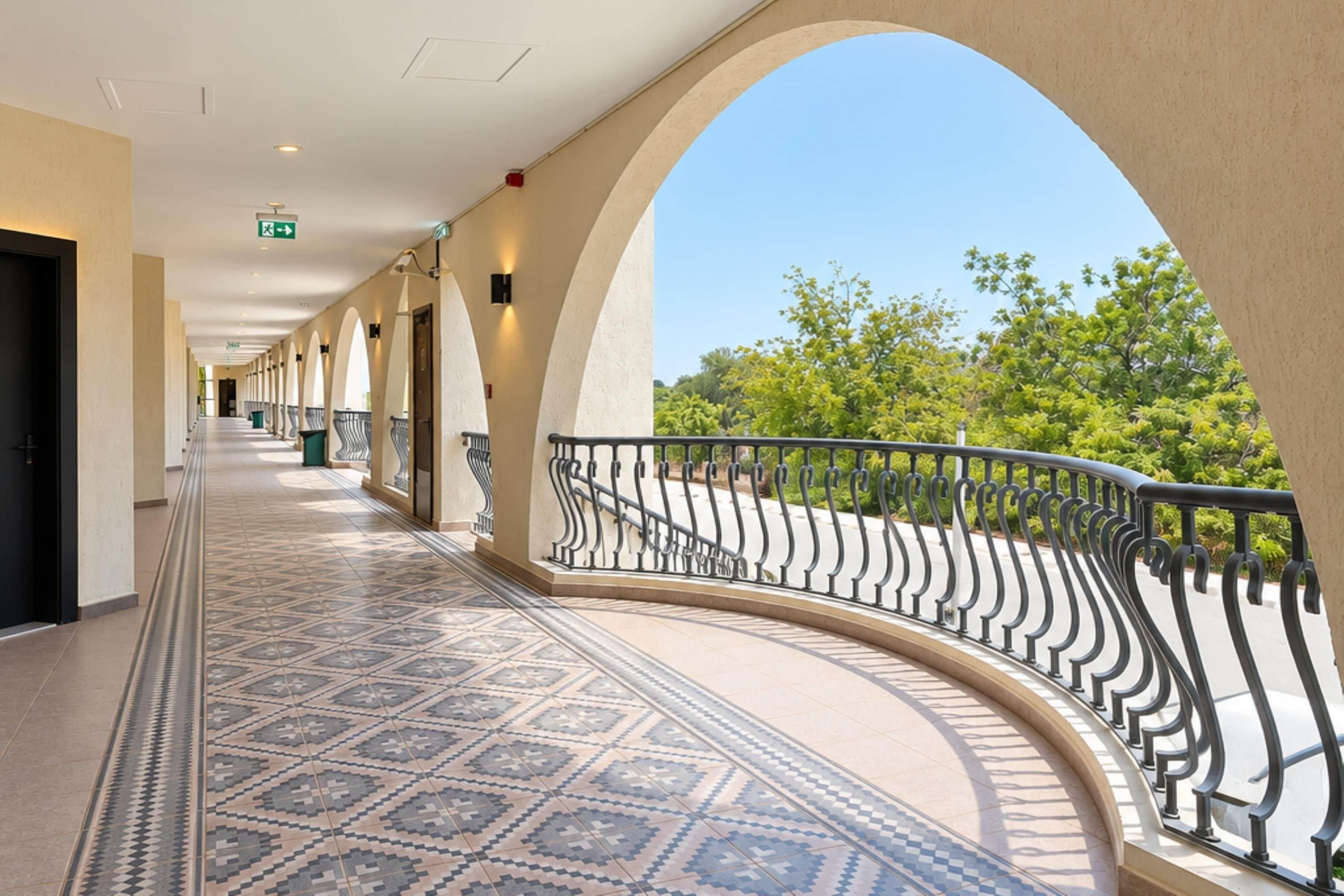 Un couloir au sol recouvert de carreaux décoratifs, un balcon incurvé avec une rambarde en métal, et une vue dégagée sur la verdure environnante.