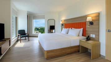 Une chambre d’hôtel avec un grand lit, une chaise, une télévision et une vue sur la ville.
