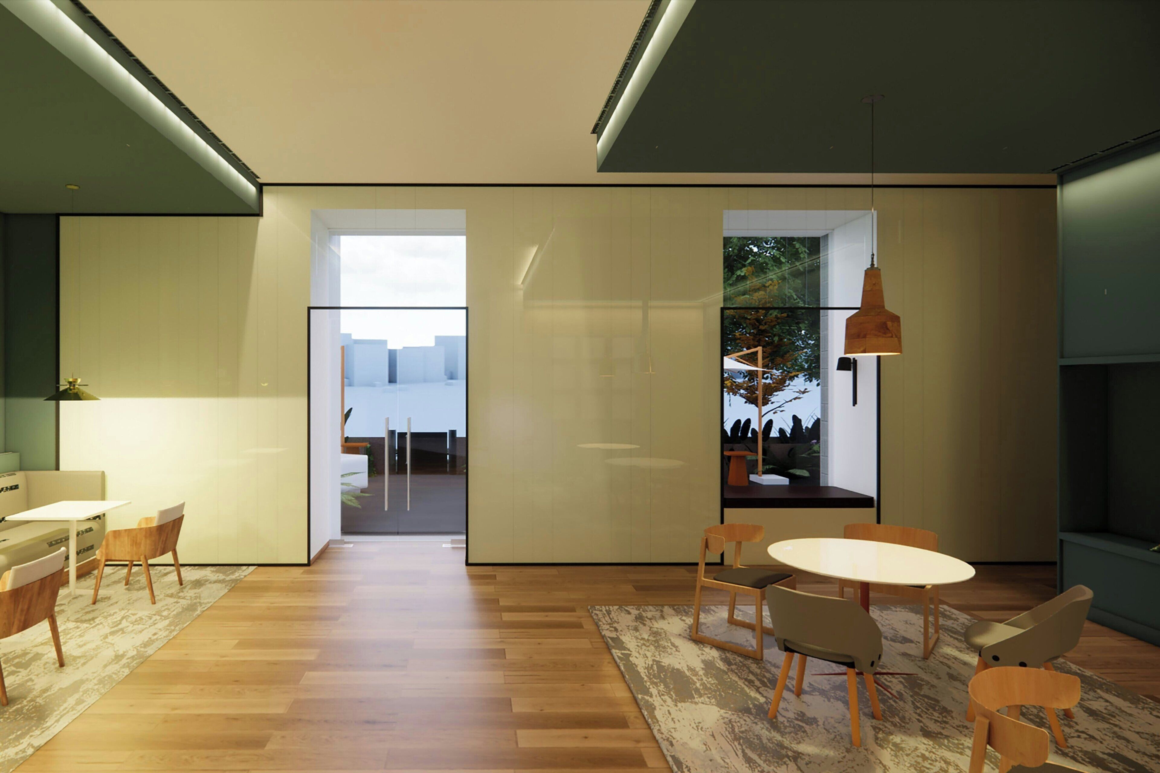 A modern interior with a wooden floor, a white table, and a hanging light fixture.