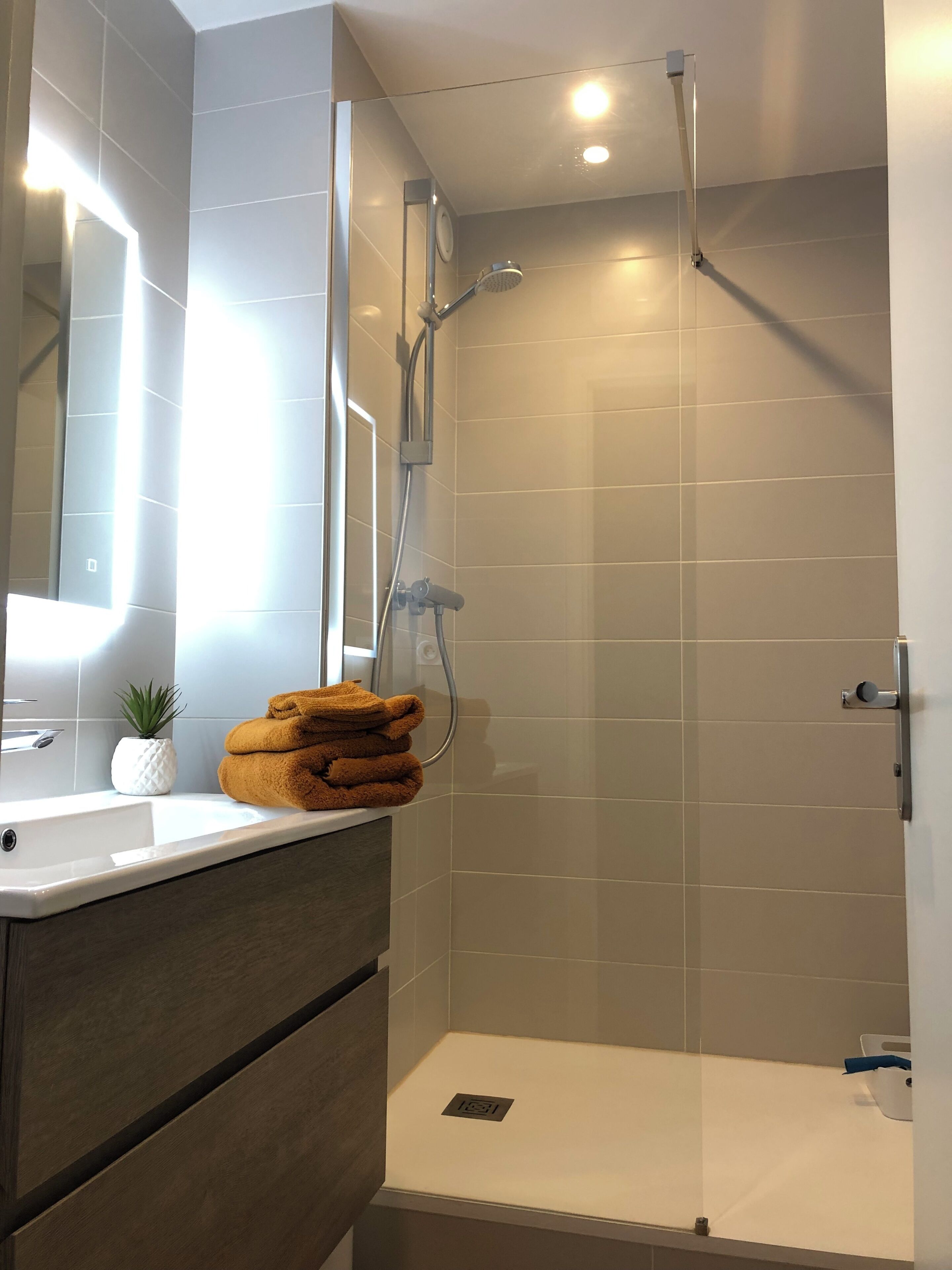 Dusche, Haartrockner, Handtücher, Toilettenpapier