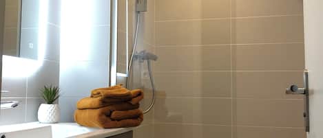 Douche, séchoir à cheveux, serviettes fournies, papier de toilette
