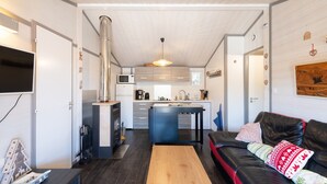 Un espace de vie compact comprenant un coin cuisine, un canapé et un téléviseur.